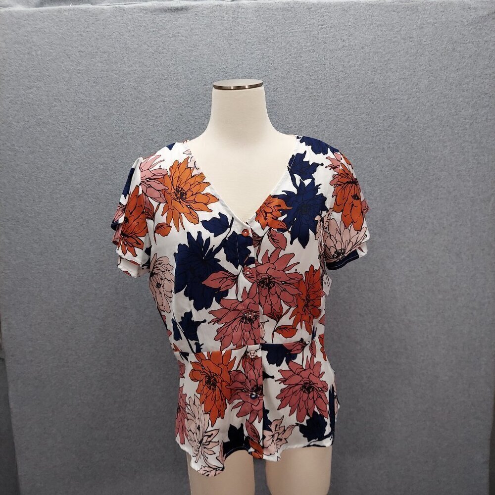 Liz Claiborne NWT Women’s Cream/Rust/Blue Floral Print Button Down Blouse M
